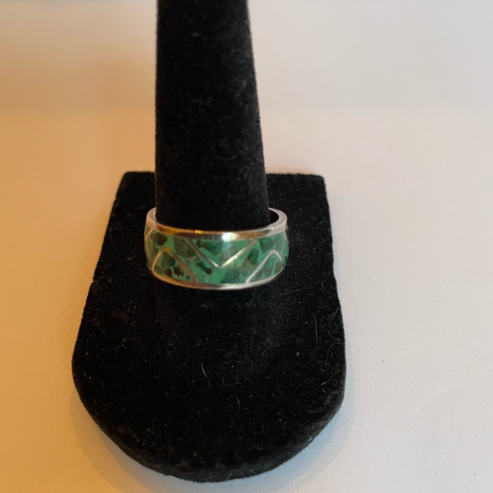 Turquoise Chip Sterling Silver Band Ring Size 8